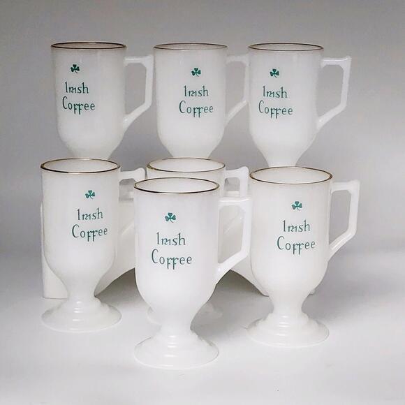 Milk Glass Irish Coffee Mugs, Set of 7 Early 20th Century Pedestal Footed